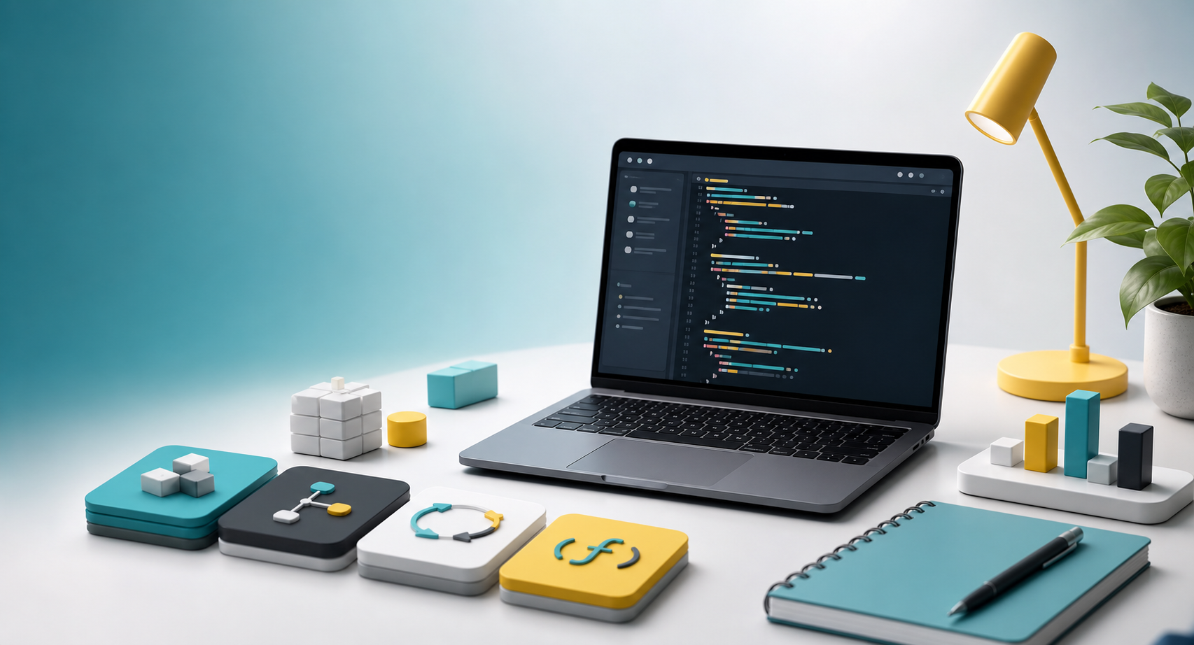 A polished 3D learning workspace with code cards and programming study materials.